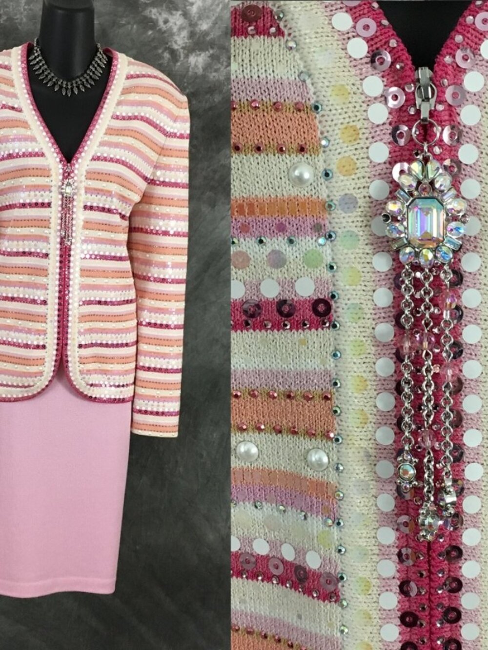 BEAUTIFUL st john evening knit pink pearl rhinestones embellished skirt suit 14